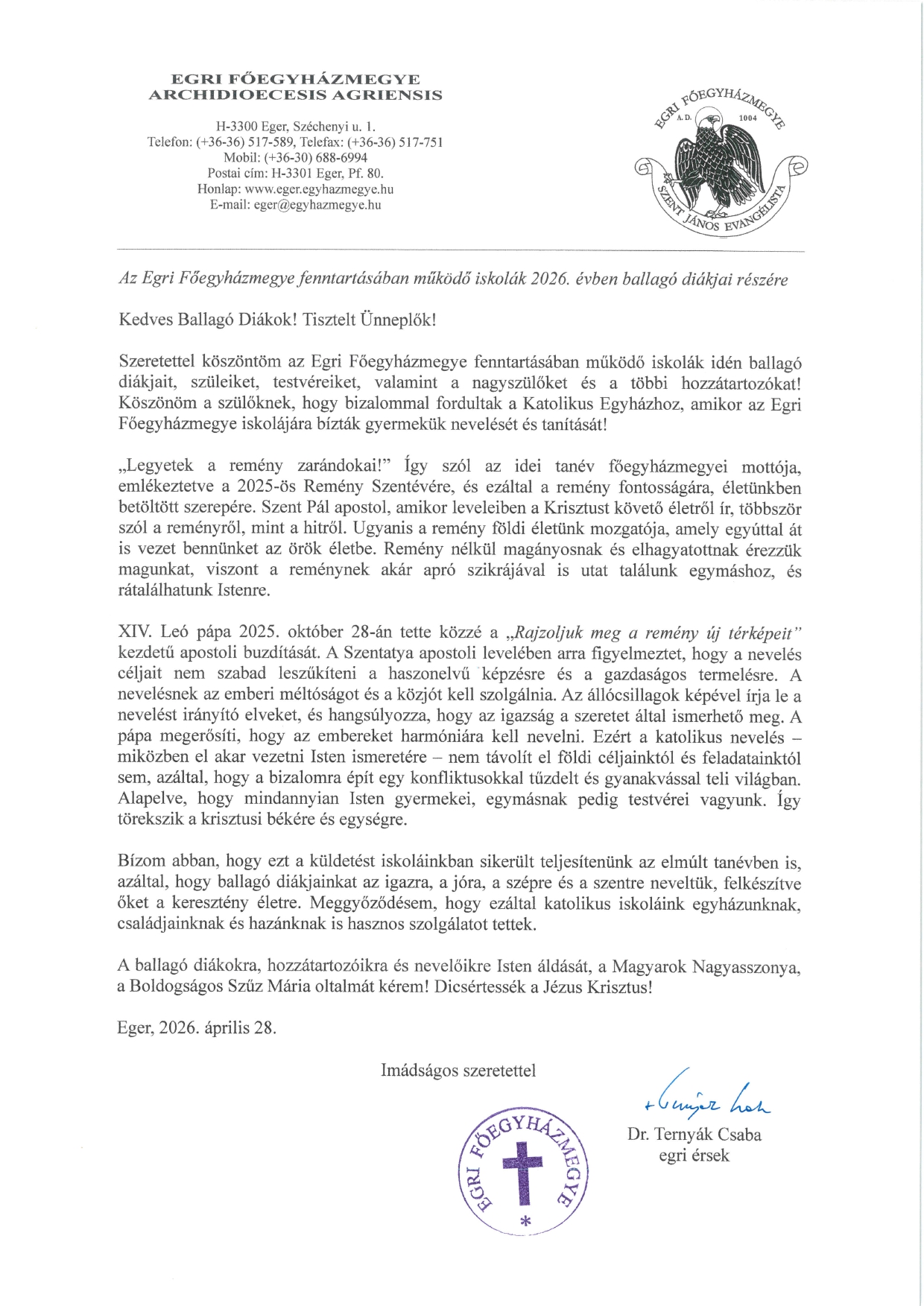 Érseki köszöntő a ballagó diákoknak (2026)