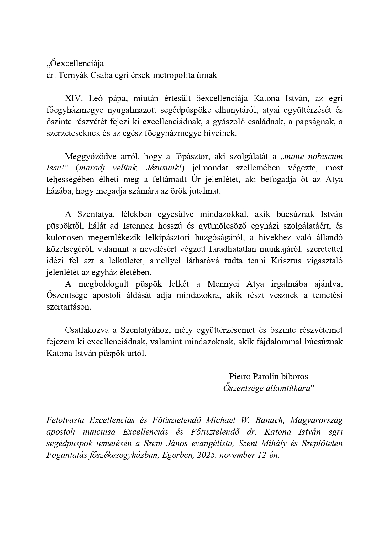 A Szentatya részvéttávirata Katona püspök halálára_page-0001